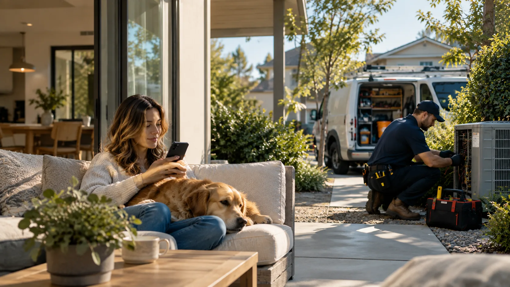 HVAC technician servicing an outdoor unit while a homeowner books service from her patio